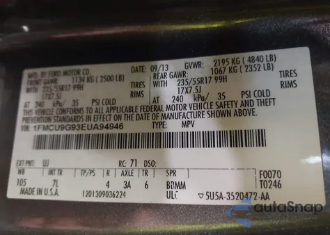 2014 Ford Escape Se z USA, uszkodzony, nr VIN 1FMCU9G93EUA94946